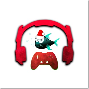 Christmas Monster Fish Gaming Music Headphones - Christmas Holiday Gift Posters and Art